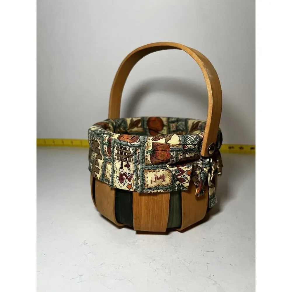 Vintage Wooden Basket Bent Wood Handle Cloth Lined Harvest Nailed Bottom